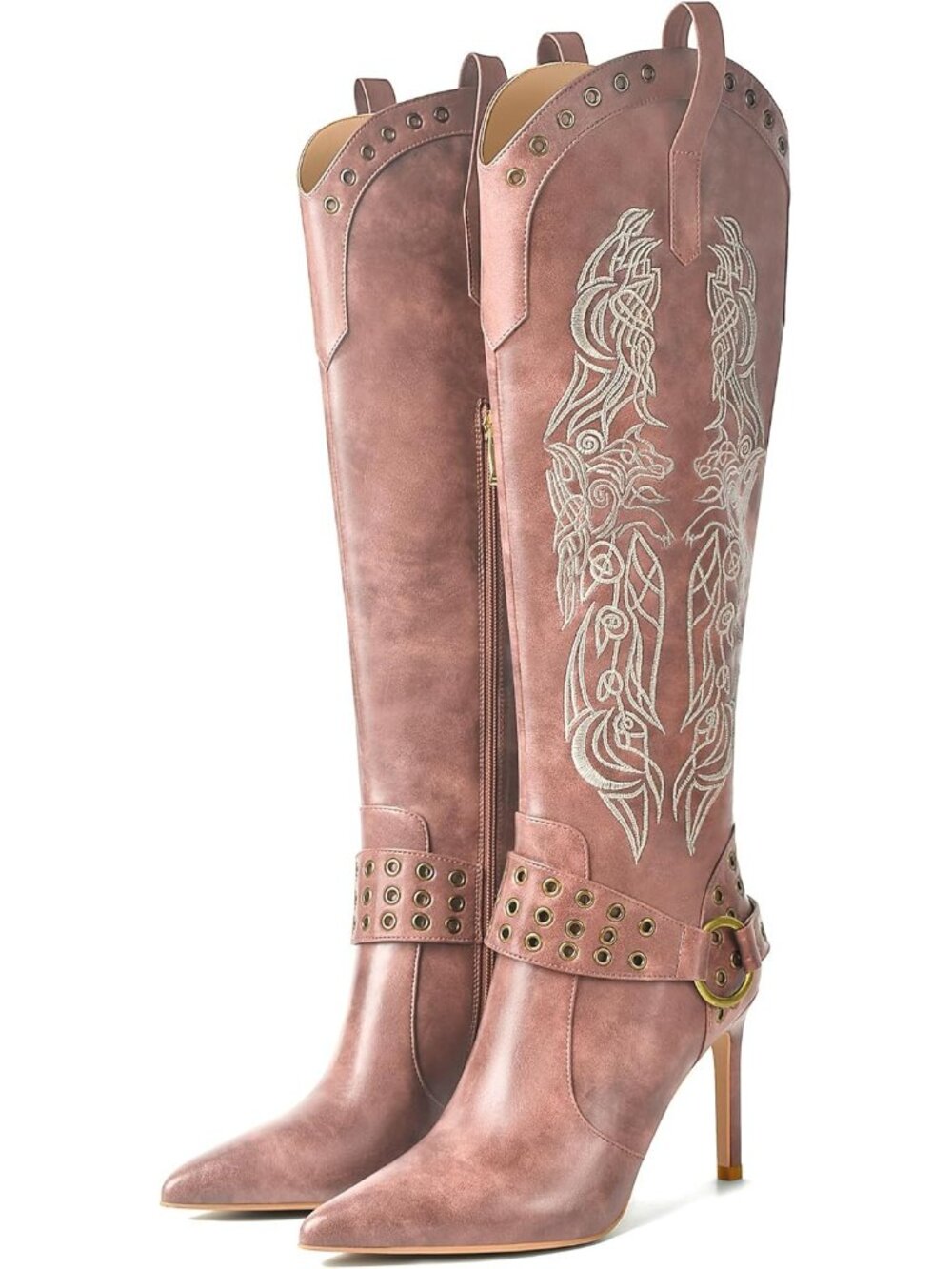 Women's Pink Western Knee High with Embroidered Cowgirl Boot Stiletto High Heel